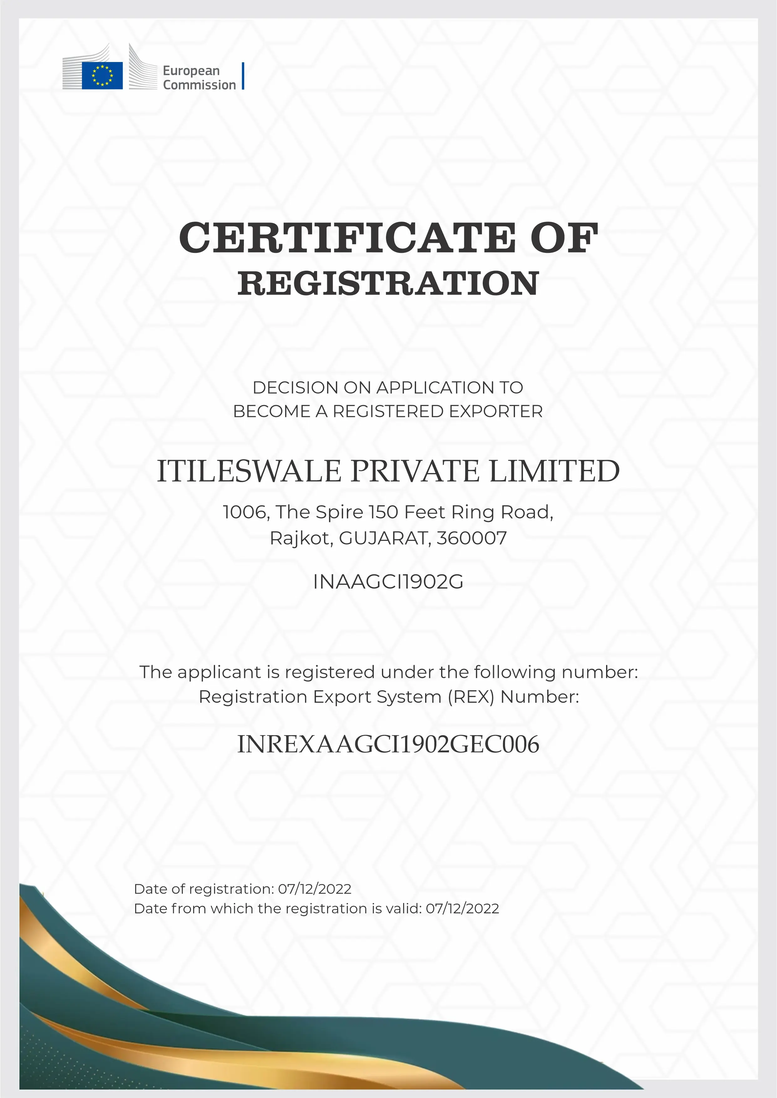 REX Certificate of Registration